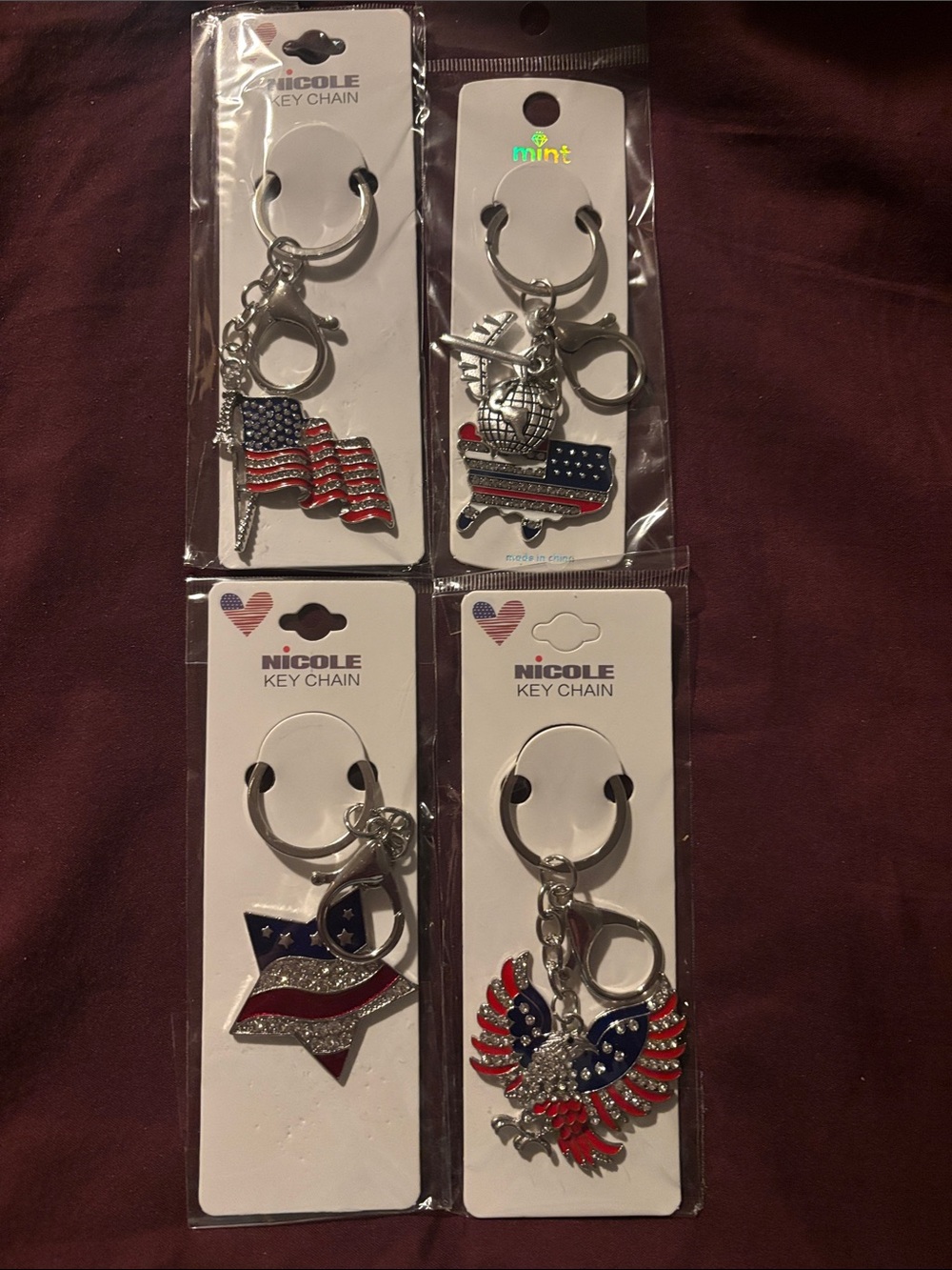 4 Nicole Red, White & Blue Patriotic Keychain Set